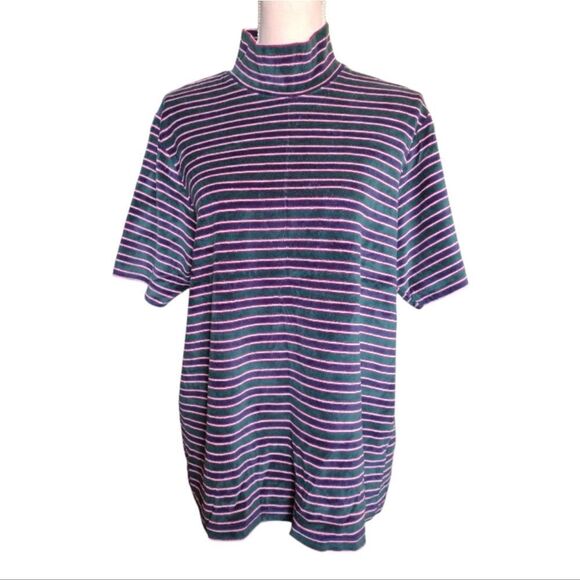 VTG 90s Green Blue Velvet Striped Short Sleeve Mock Top Plussize 18/ 20 - Picture 6 of 11